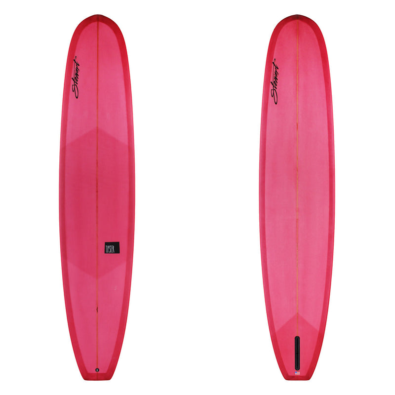 two images of burgundy coloer surfboard with black brandng