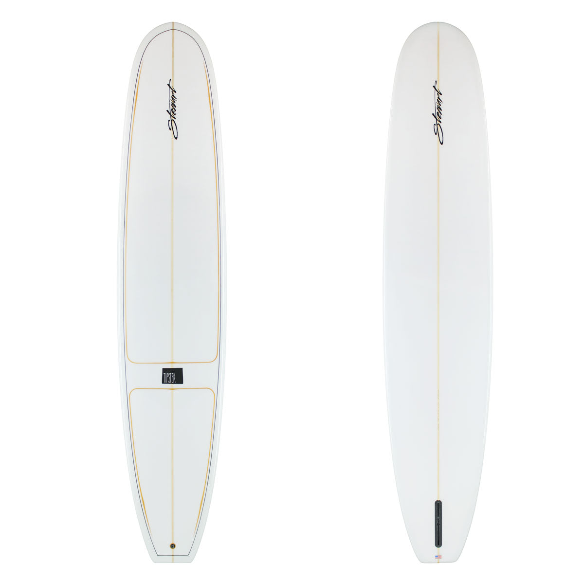 Stewart Longboard 9'8" Tipster (9'8", 23 3/4", 3 1/4") B#129836 Gloss & Polish Clear with black and gold pinlines clear bottom black logos