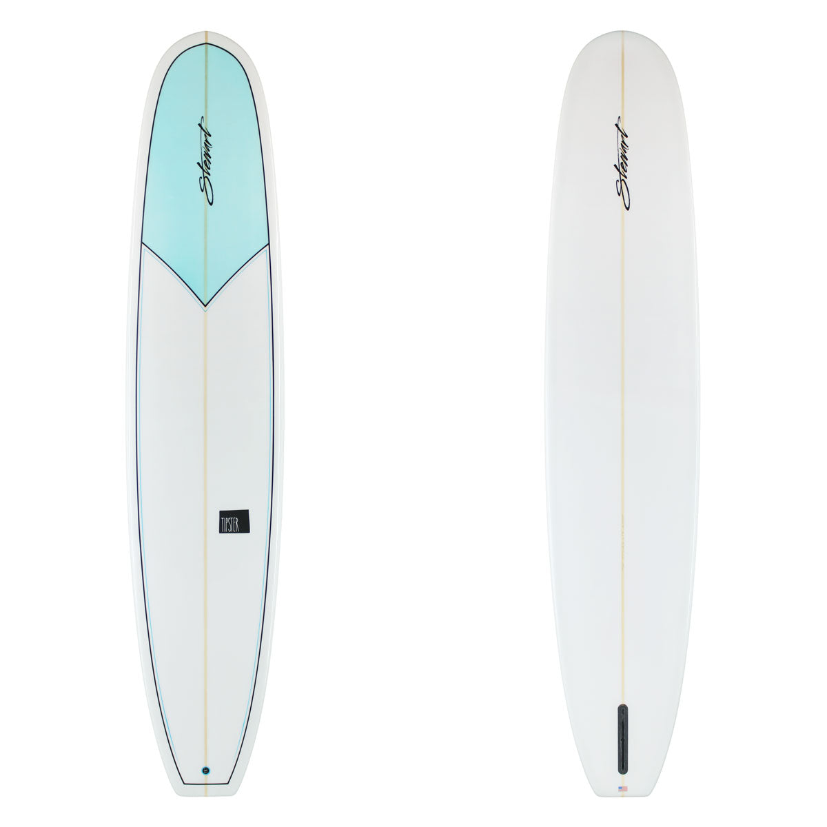 Stewart Longboard 9'4" Tipster (9'4", 23 1/2", 3 1/8") B#129865 Gloss & Polish Black and Blue pinlines with light blue nose clear bottom with black logos