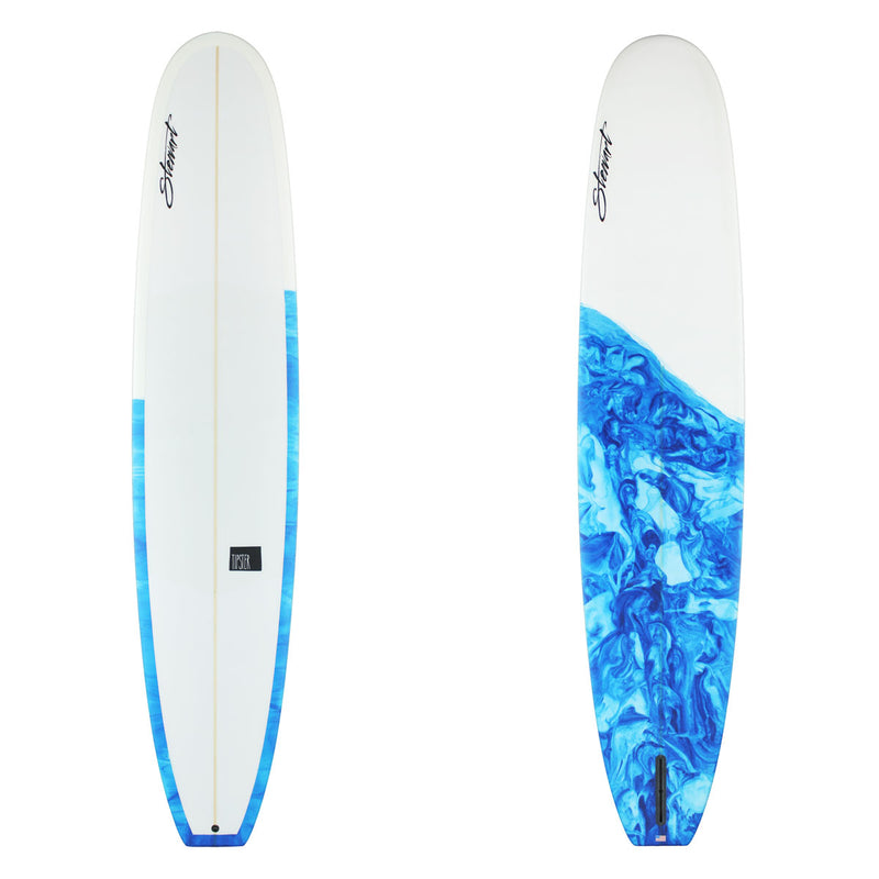 Stewart Longboard 9'6" Tipster (9'6", 23 1/2", 3 1/4") B#129898 with a blue and white resin swirl on the bottom and rails. 