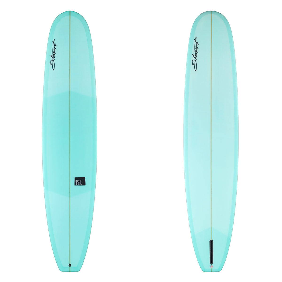 Deck and bottom view of a Stewart Tipster. Both the deck and bottom of the board have a light blue resin tint. 