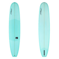 Deck and bottom view of a Stewart Tipster. Both the deck and bottom of the board have a light blue resin tint. 