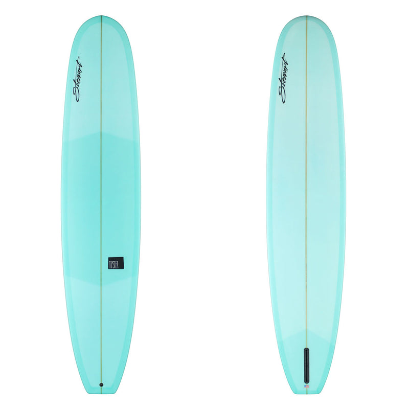 Deck and bottom view of a Stewart Tipster. Both the deck and bottom of the board have a light blue resin tint. 