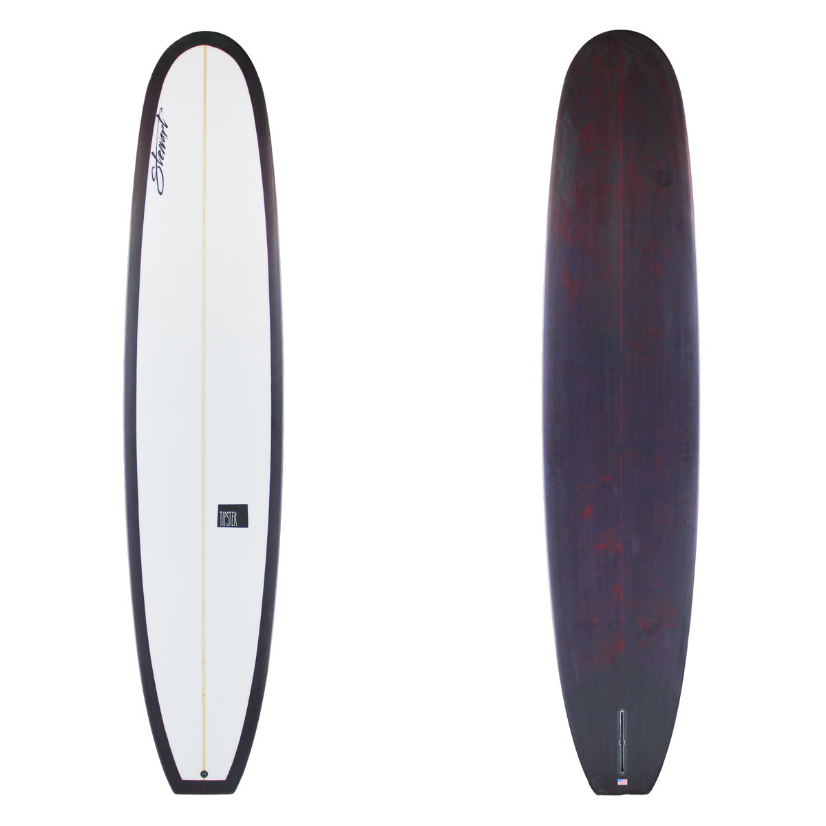 Stewart Longboard 9'4" Tipster (9'4", 23 1/2", 3 1/8") B#130107 Clear deck with bottom red and purple resin swirl with rail wrap. Black stewart and tipster logos. Sand Only.