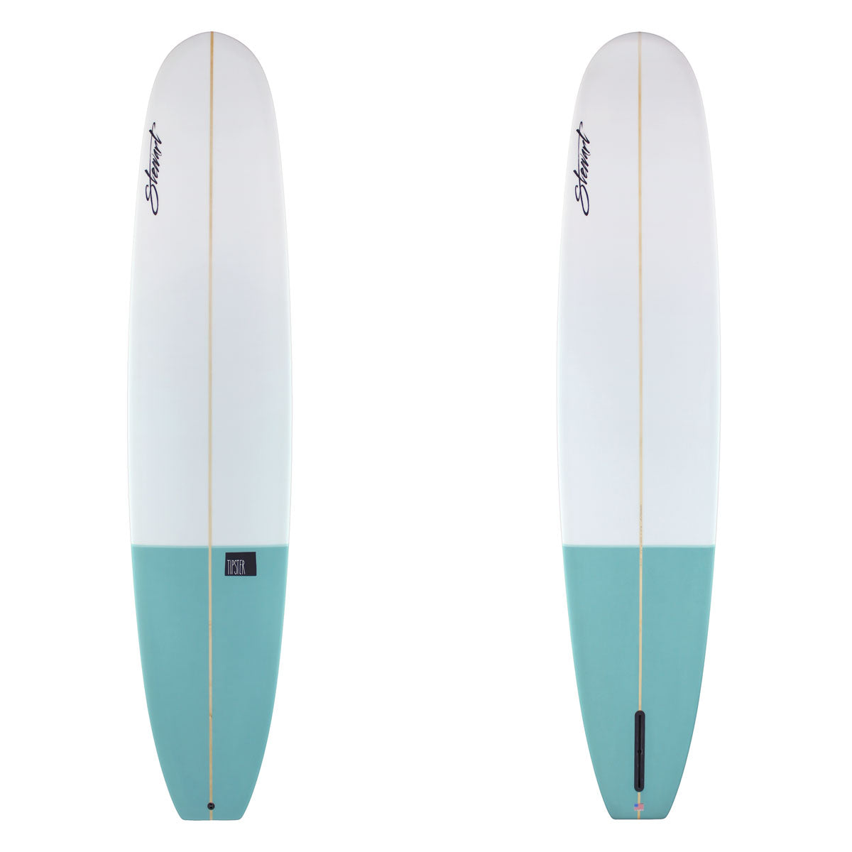 Stewart Longboard 9'4" Tipster (9'4", 23 1/2", 3 1/8") B#130109 Teal Tail Dip. Clear above tail dip on deck and bottom. Black Stewart and Tipster Logos. Sand Only.