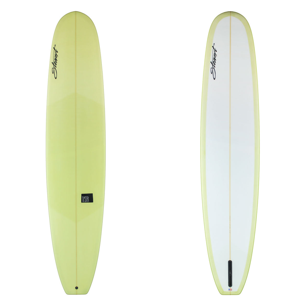 Two images of a Stewart Tipster with an Olive Green deck  and black branding