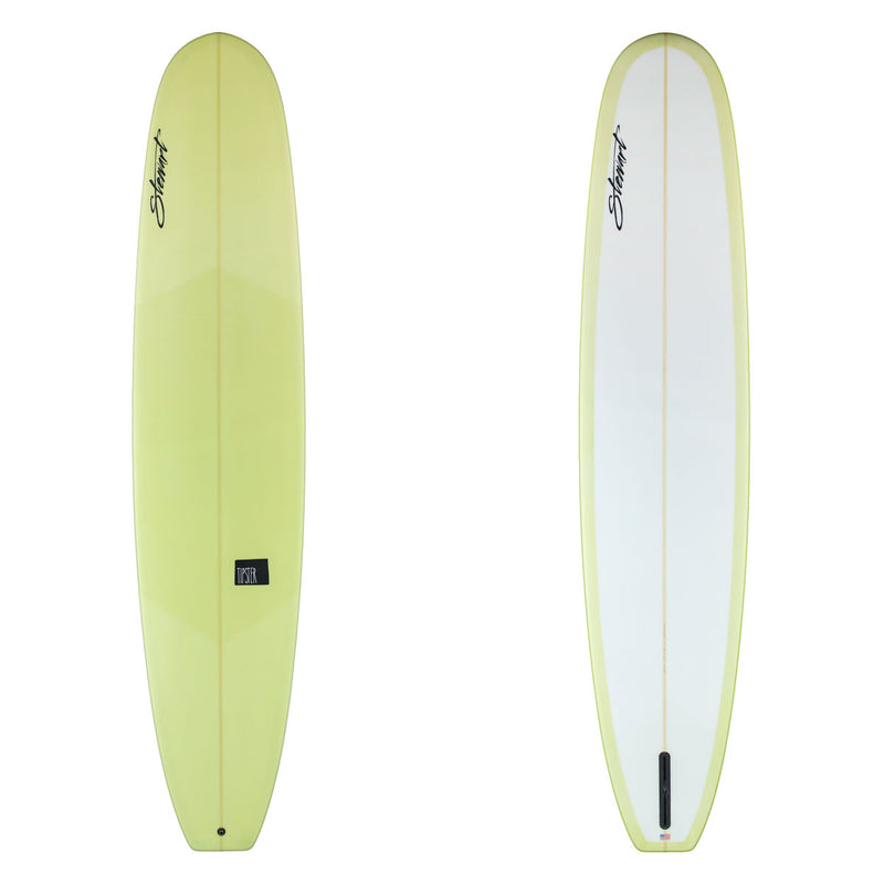 Two images of a Stewart Tipster with an Olive Green deck  and black branding