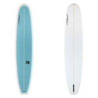 9'6" Tipster (9'6", 23 1/2", 3 1/4") B#130133 With a blue deck panel and white bottom. There is black branding on both sides.