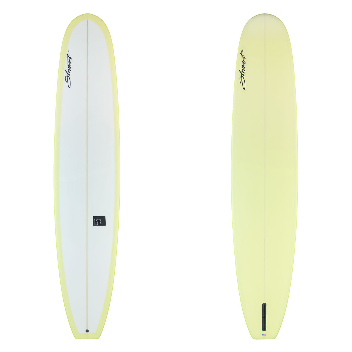 Stewart Longboard 9'6" Tipster (9'6", 23 1/2", 3 1/4") B#130138with a yellow resin tint on the bottom and rails