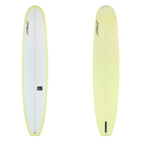 Stewart Longboard 9'6" Tipster (9'6", 23 1/2", 3 1/4") B#130138with a yellow resin tint on the bottom and rails