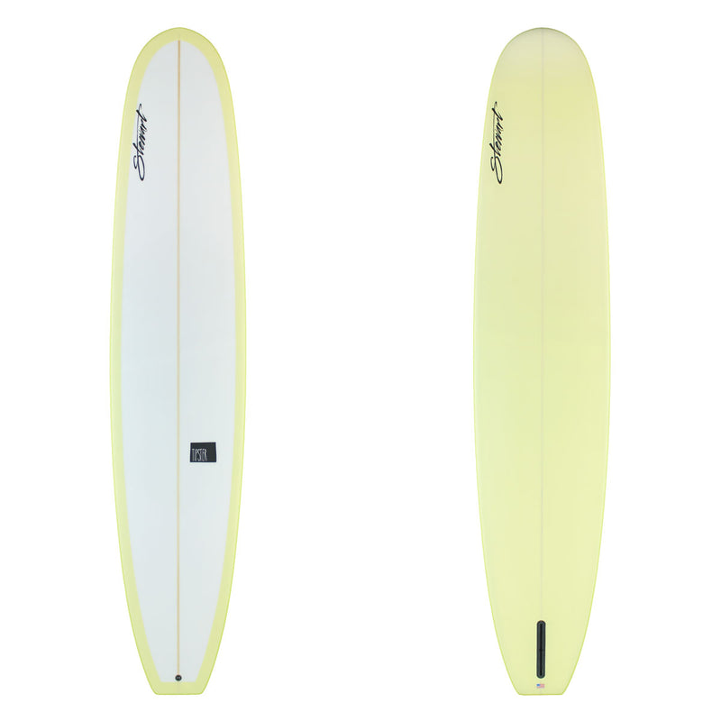 Stewart Longboard 9'6" Tipster (9'6", 23 1/2", 3 1/4") B#130138with a yellow resin tint on the bottom and rails