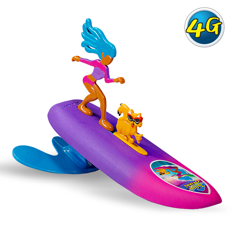 A colorful toy consisting of a mermaid figure attached to a surfboard with a small dog-like figure beside it, designed for water play.