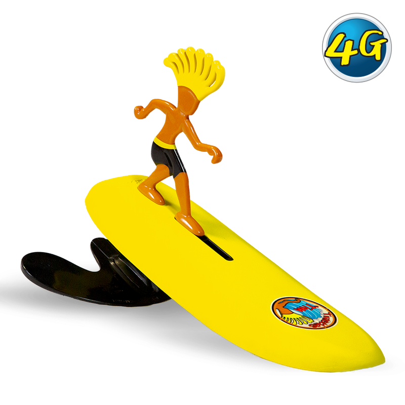 A Surfer Dudes Classics Series 2 toy featuring a plastic figurine of a surfer on a blue surfboard with a boomerang action wing in orange.