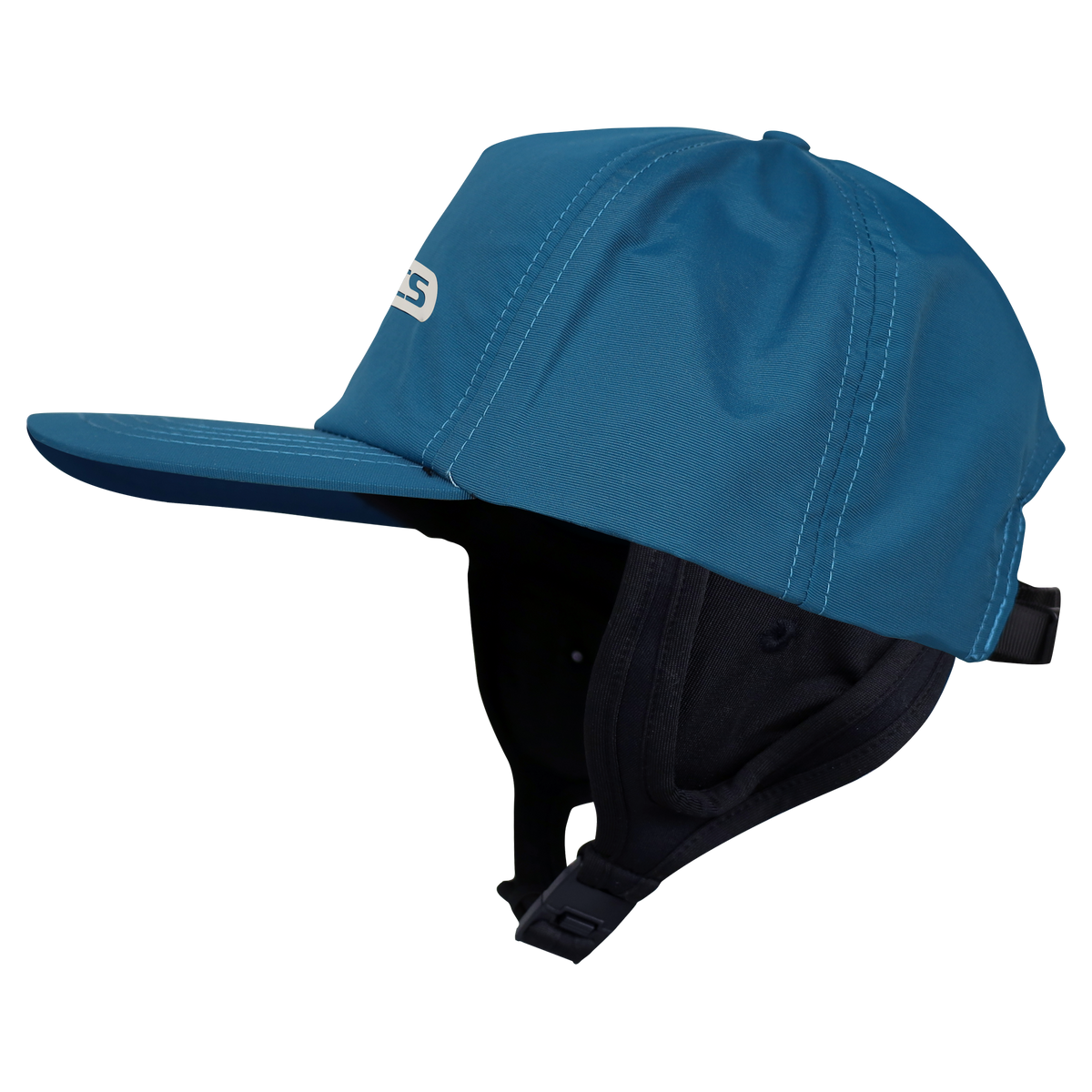Blue cap with black neck cover on a white background