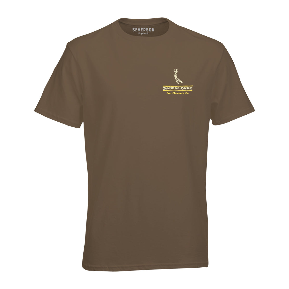 Brown t-shirt with a logo on the chest against a white background