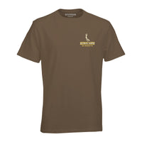 Brown t-shirt with a logo on the chest against a white background