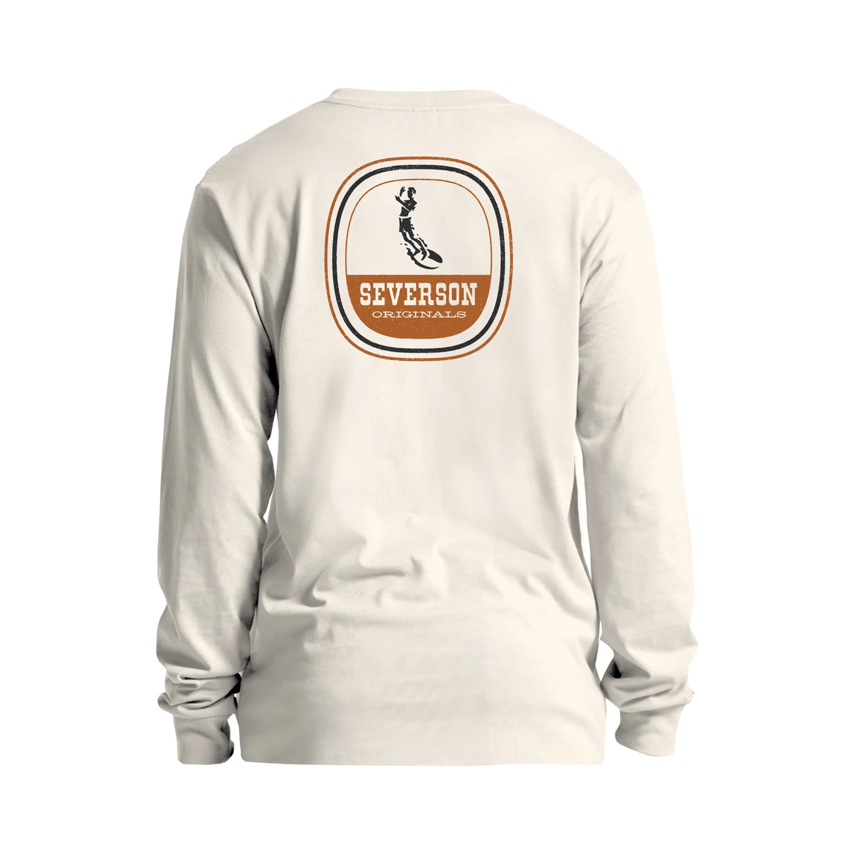 An off-white long-sleeve t-shirt shown from the back, featuring a large circular graphic on the upper back with a surfer silhouette and the text 'SEYERSON OCEAN VISTA'.