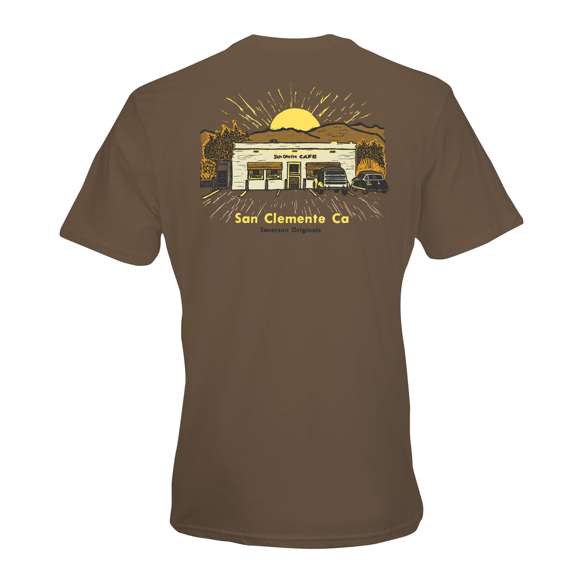 Brown t-shirt with a graphic of a building and text on the back, on a white background