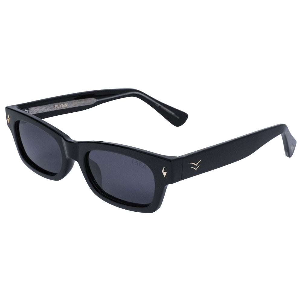 Black sunglasses with a brand logo on a white background