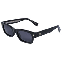 Black sunglasses with a brand logo on a white background