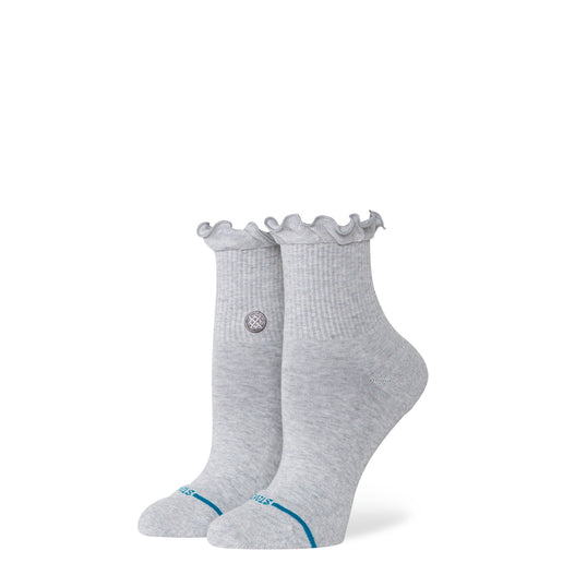 Gray ankle socks with ruffled top on a white background
