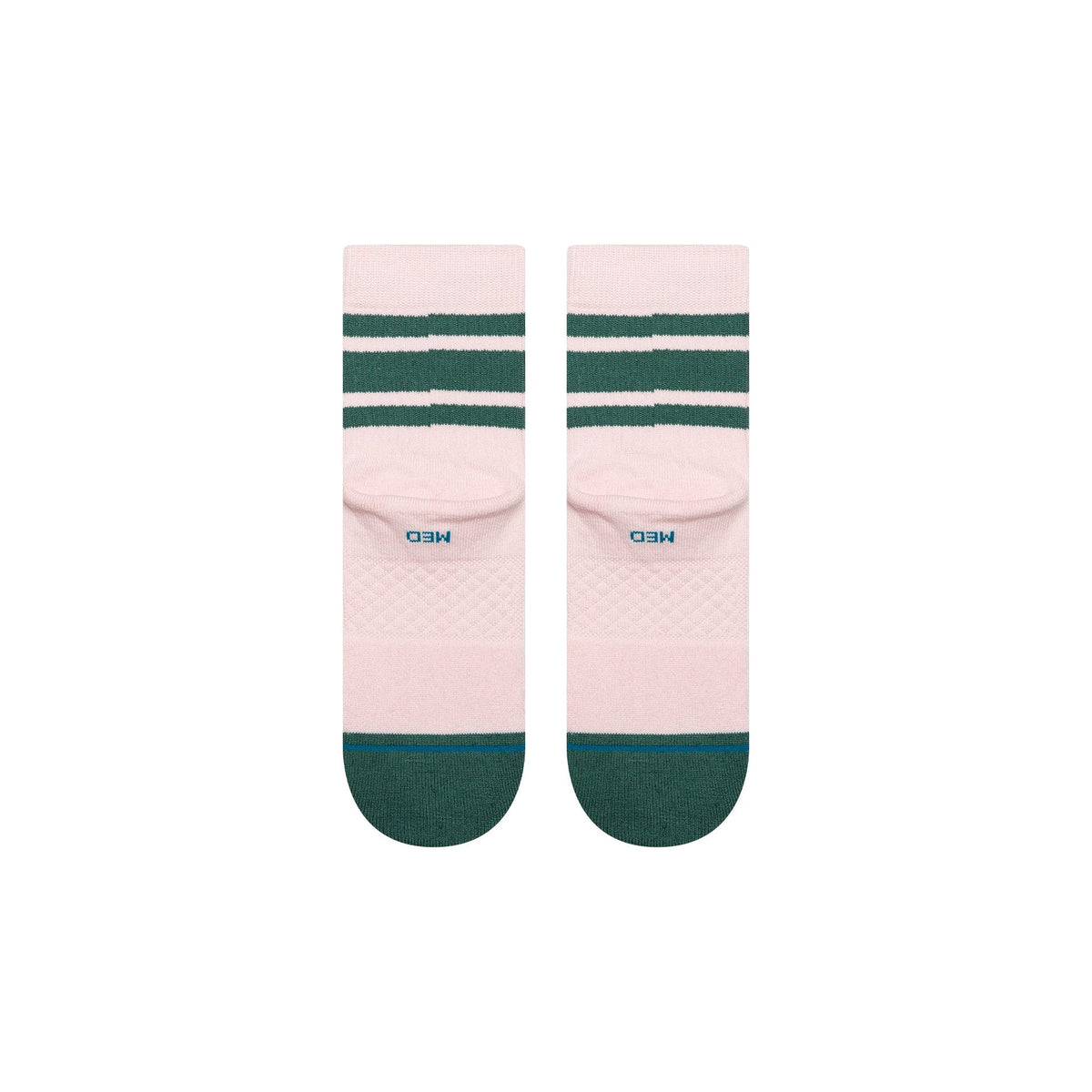 Pair of pink socks with green stripes and cuffs on a white background