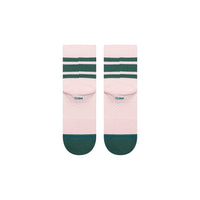 Pair of pink socks with green stripes and cuffs on a white background