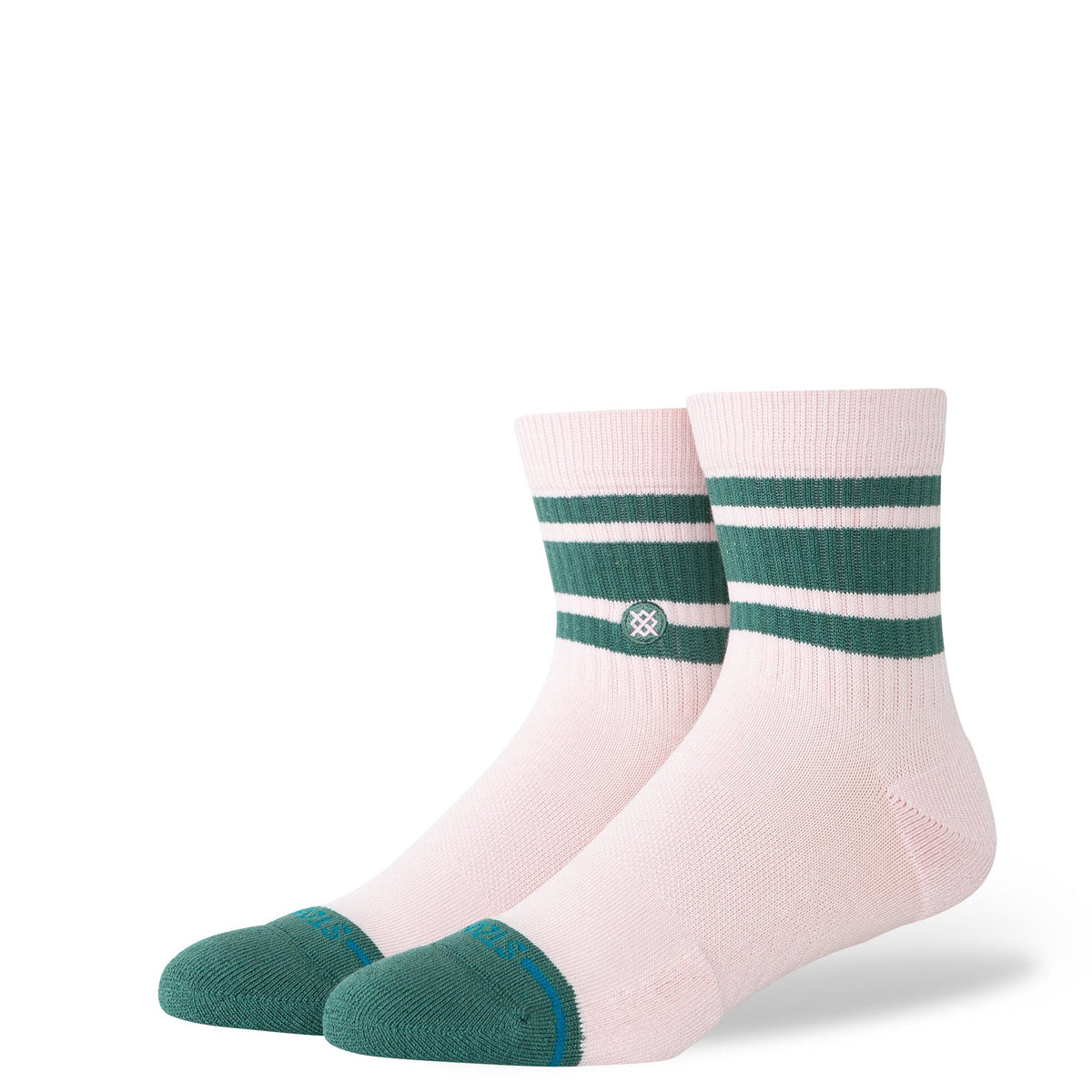 Pink socks with green stripes on a white background
