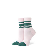 Pair of socks with green stripes on a white background