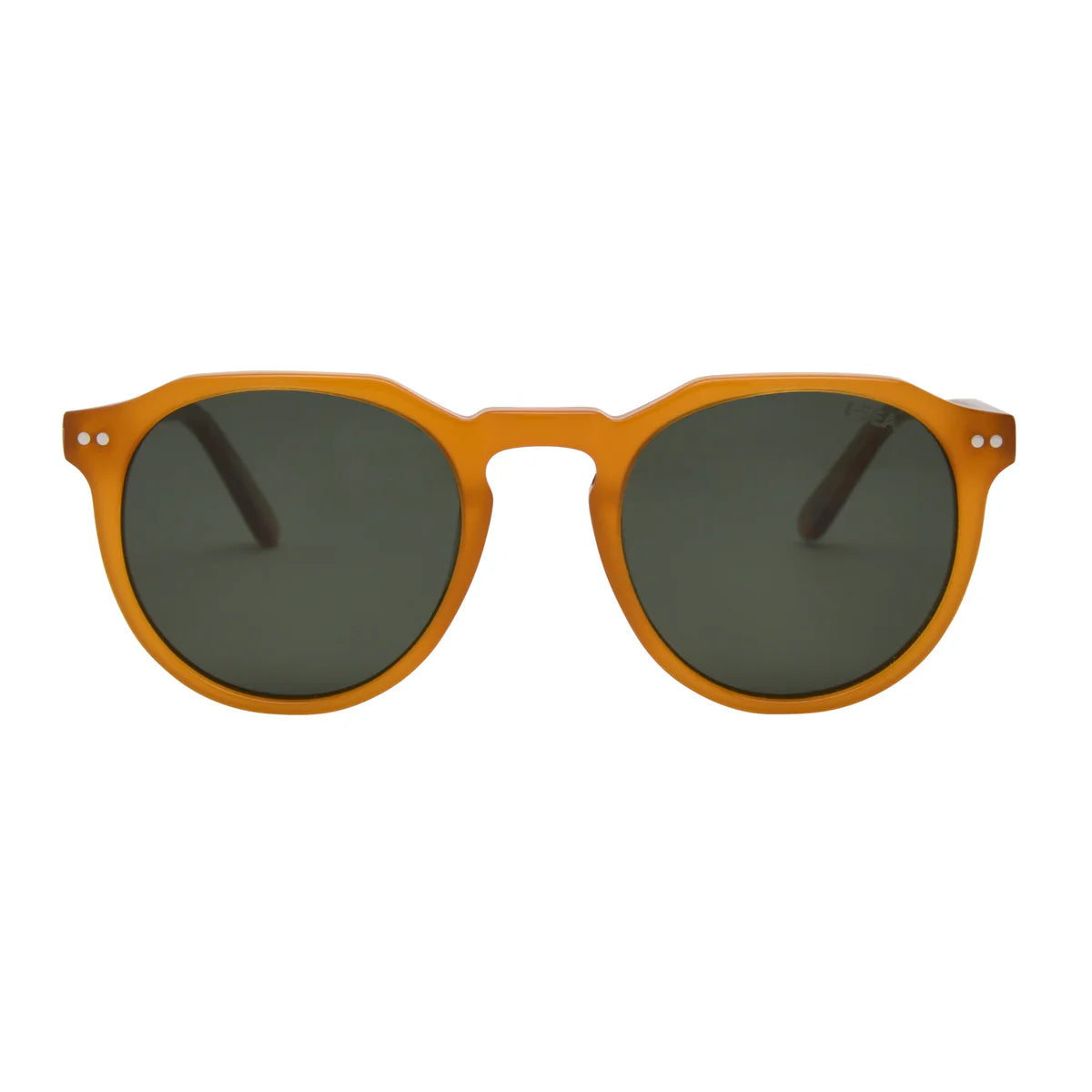 Sunglasses with orange frame and dark lenses on a white background