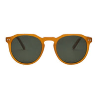 Sunglasses with orange frame and dark lenses on a white background