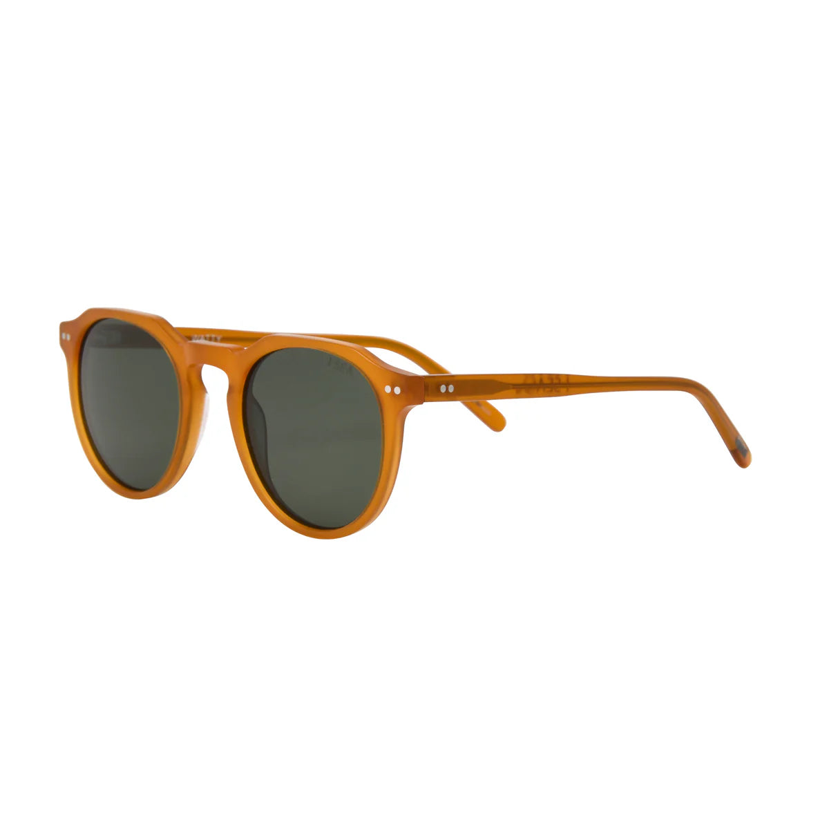 Sunglasses with a black frame and brown lenses on a white background