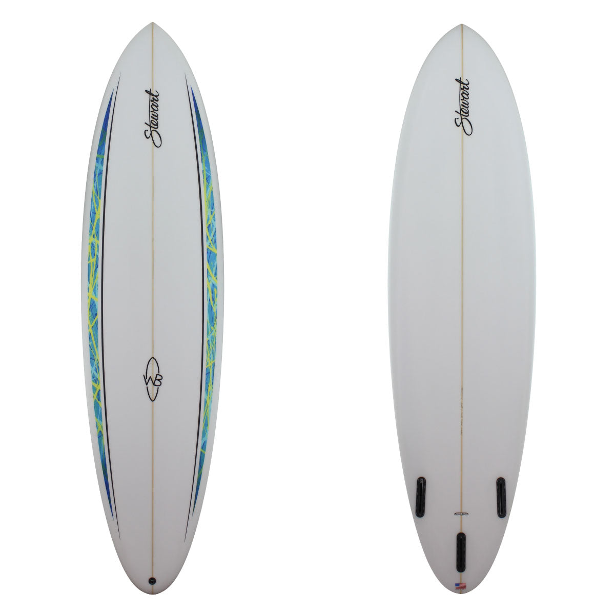 stewart wild bill midlength surfboard with blue green yellow rail spears 