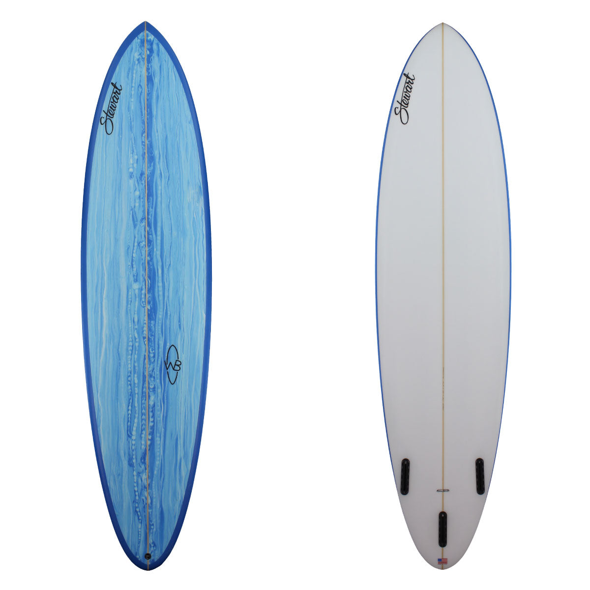 stewart wild bill mid length surfboad blue paint swirl deck 