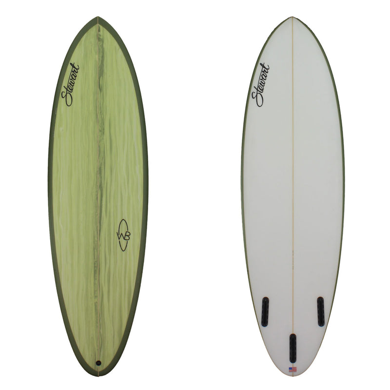 Stewart Surfboards 6'0" Wild Bill mid-length surfboard with green swirl deck and green rails