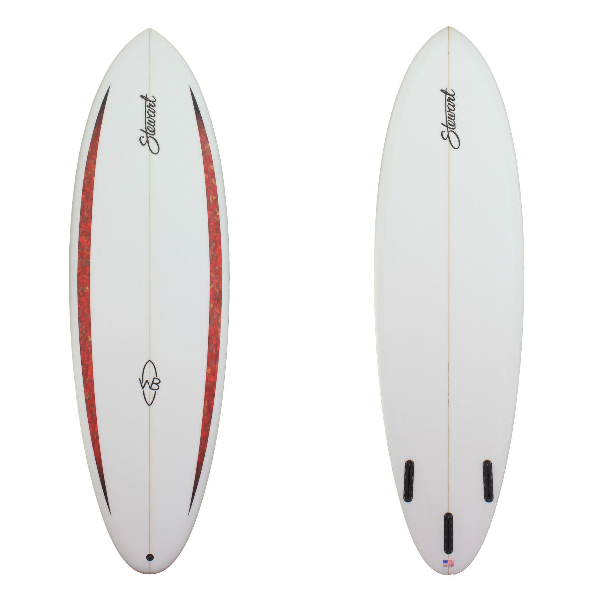 Deck and Bottom View of a Stewart Wild Bill Mid Length with a redish black swirl on the rails and a white deck and bottom sand finish 