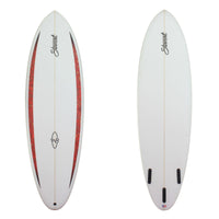 Deck and Bottom View of a Stewart Wild Bill Mid Length with a redish black swirl on the rails and a white deck and bottom sand finish