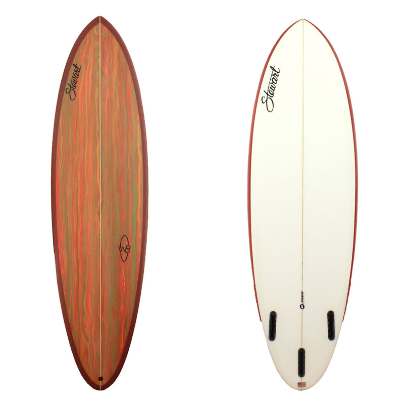 Stewart Surfboards 6'0" Wild Bill mid-length surfboard with red and green swirl deck and dark red rails