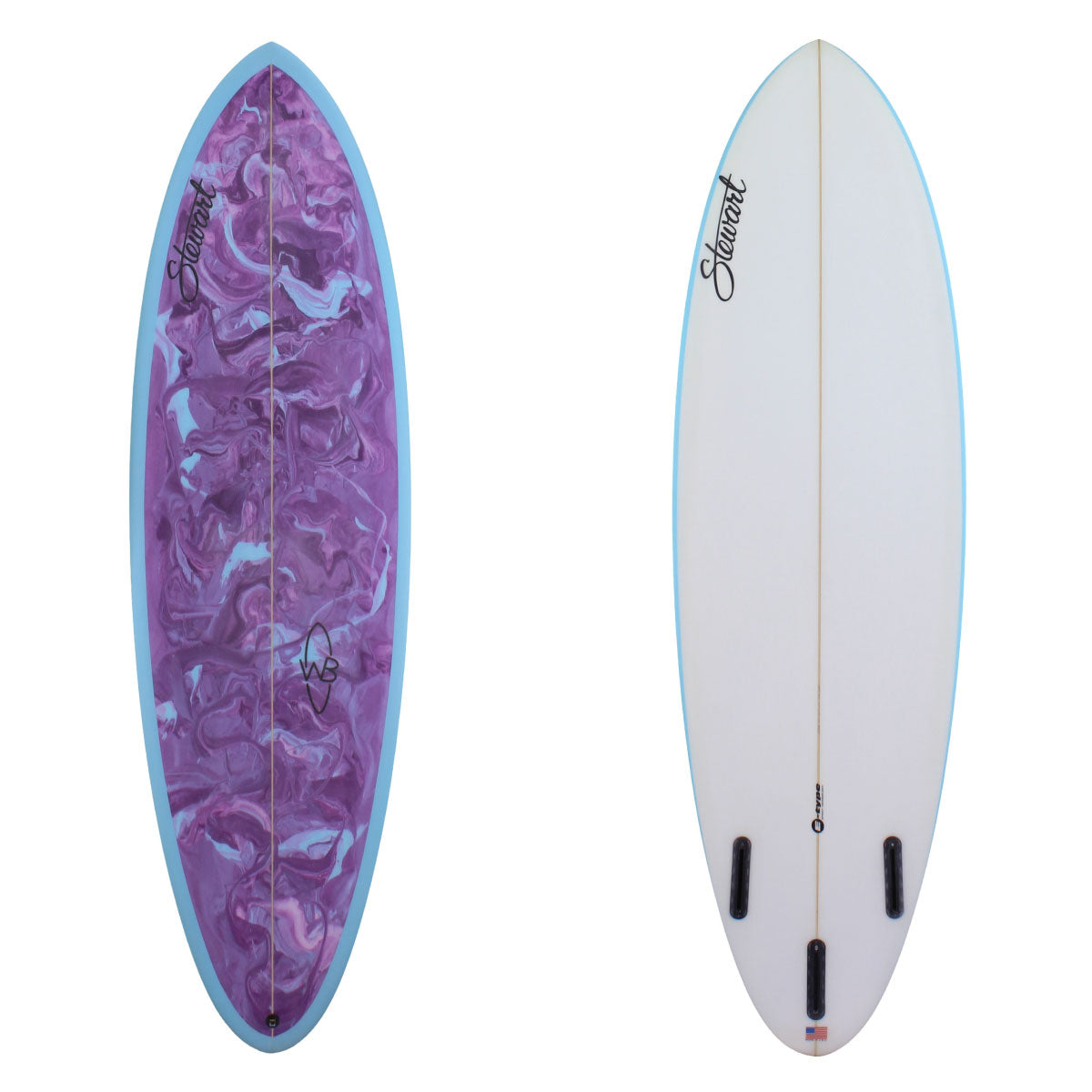 stewart wild bill mid length surfboard with purple paint swirl and blue rails 