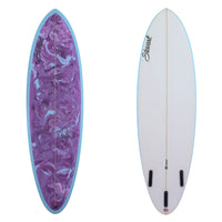 stewart wild bill mid length surfboard with purple paint swirl and blue rails 