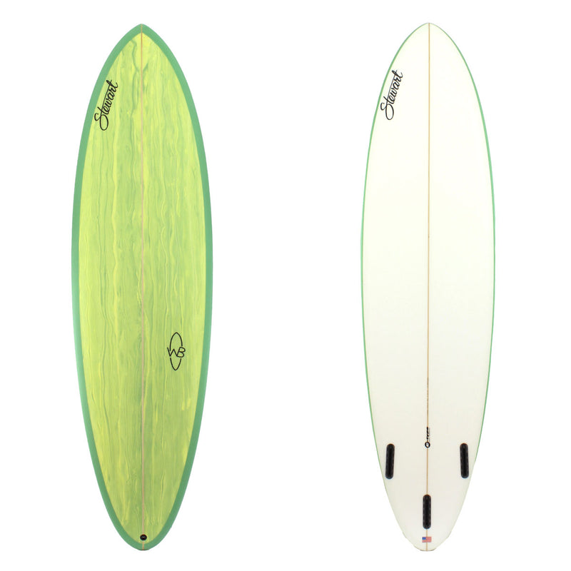 Stewart 7'6 Wild Bill Midlength with green deck and green rails on bottom(7'6, 22", 2 7/8") B#127494