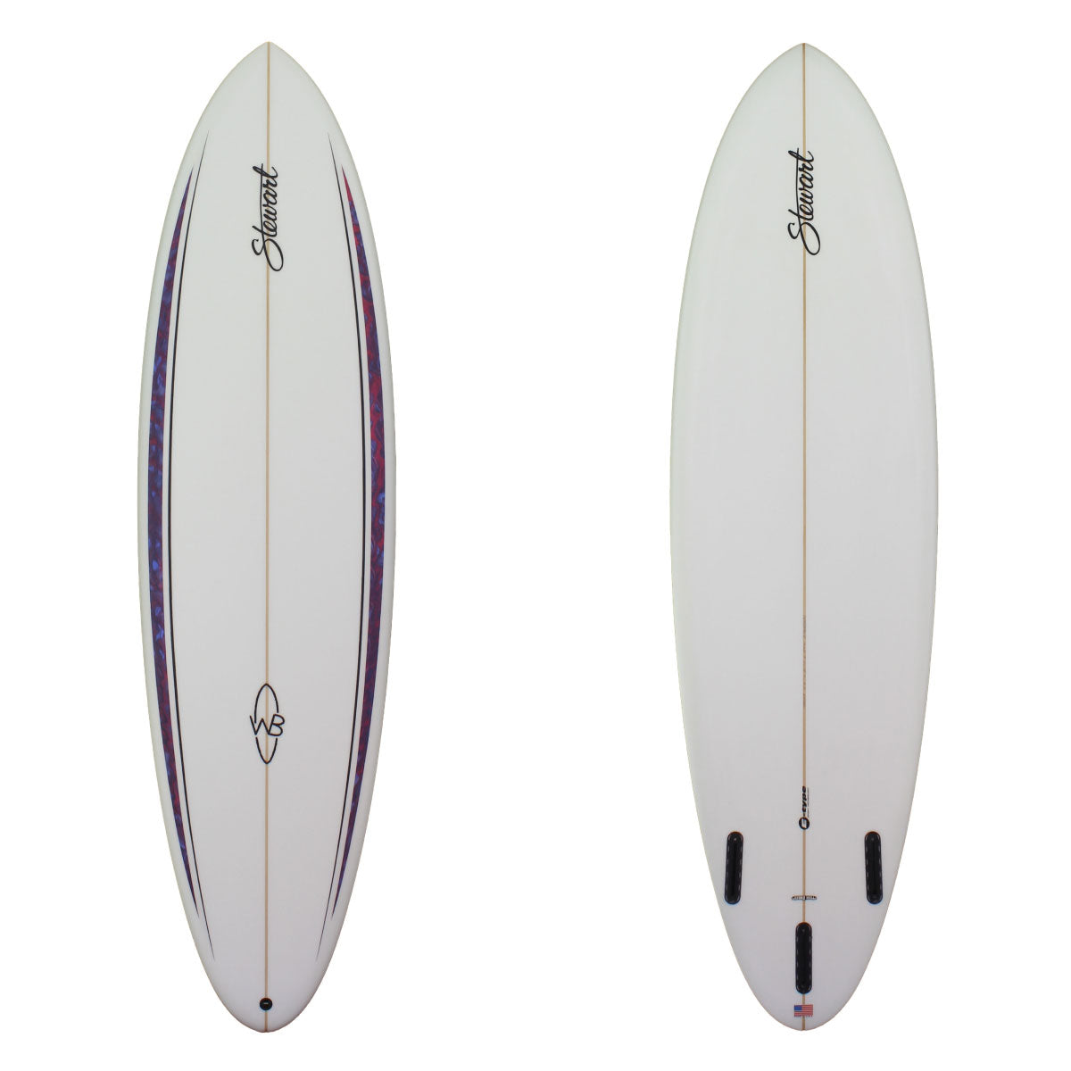 Deck and bottom view of a Wild Bill surfboard with red/blue/purple paint swirl racing style stripes on the deck rails. Clear bottom, sand finish