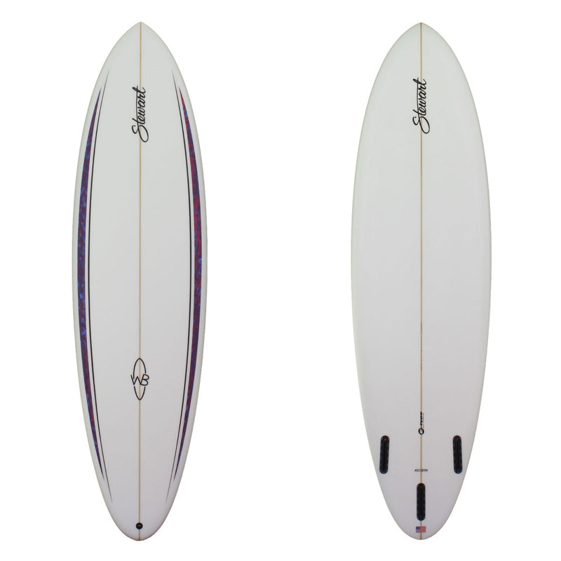 Deck and bottom view of a Wild Bill surfboard with red/blue/purple paint swirl racing style stripes on the deck rails. Clear bottom, sand finish