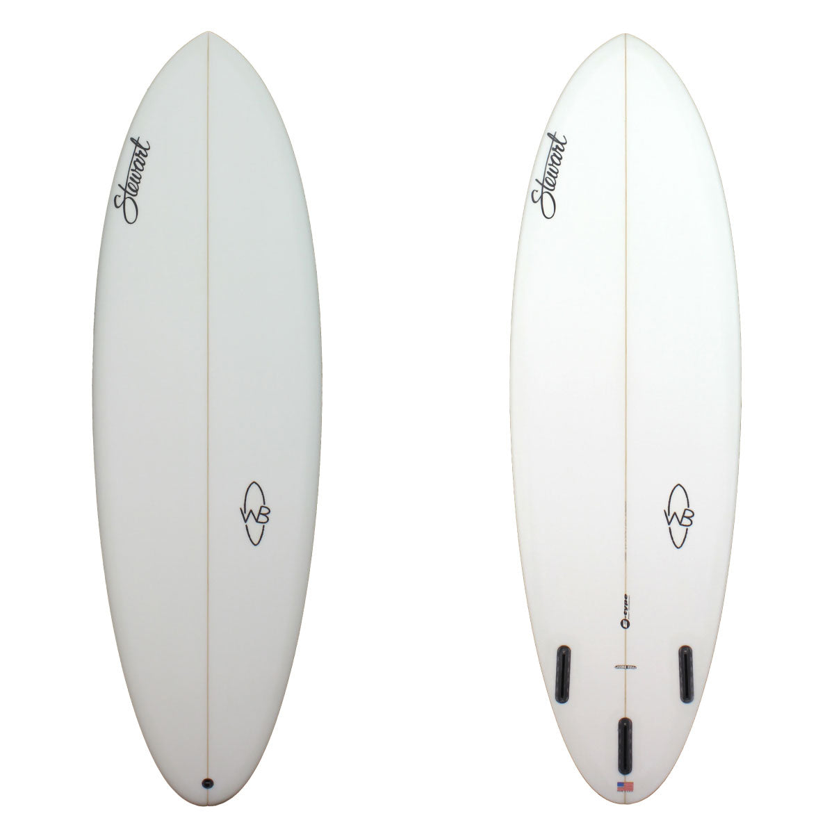 deck and bottom view of a clear epoxy wild bill surfboard model