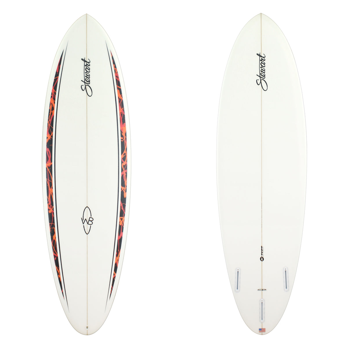 Stewart Surfboard 6'2" Wild Bill (6'2", 20 3/4", 2 5/8") B#128628 with red and black spears on the deck