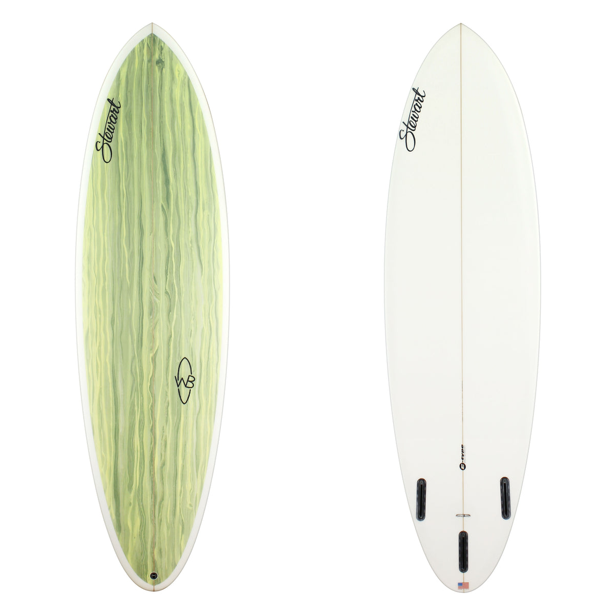 Stewart surfboard 6'6" Wild Bill (6'6", 21 1/2", 2 3/4") B#128651 with green grey and yellow acid splash panel on the deck