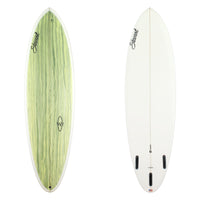 Stewart surfboard 6'6" Wild Bill (6'6", 21 1/2", 2 3/4") B#128651 with green grey and yellow acid splash panel on the deck