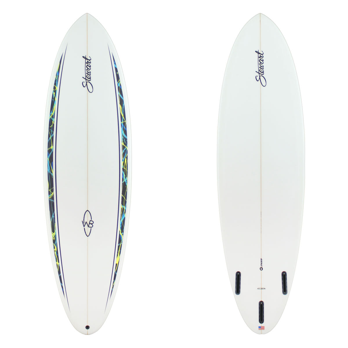 Stewart Mid-Length 6'6" Wild Bill (6'6", 21 1/2", 2 3/4") B#129014 with black, blue and yellow spears on the rails 