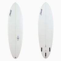 Two white surfboards with branding on a white background