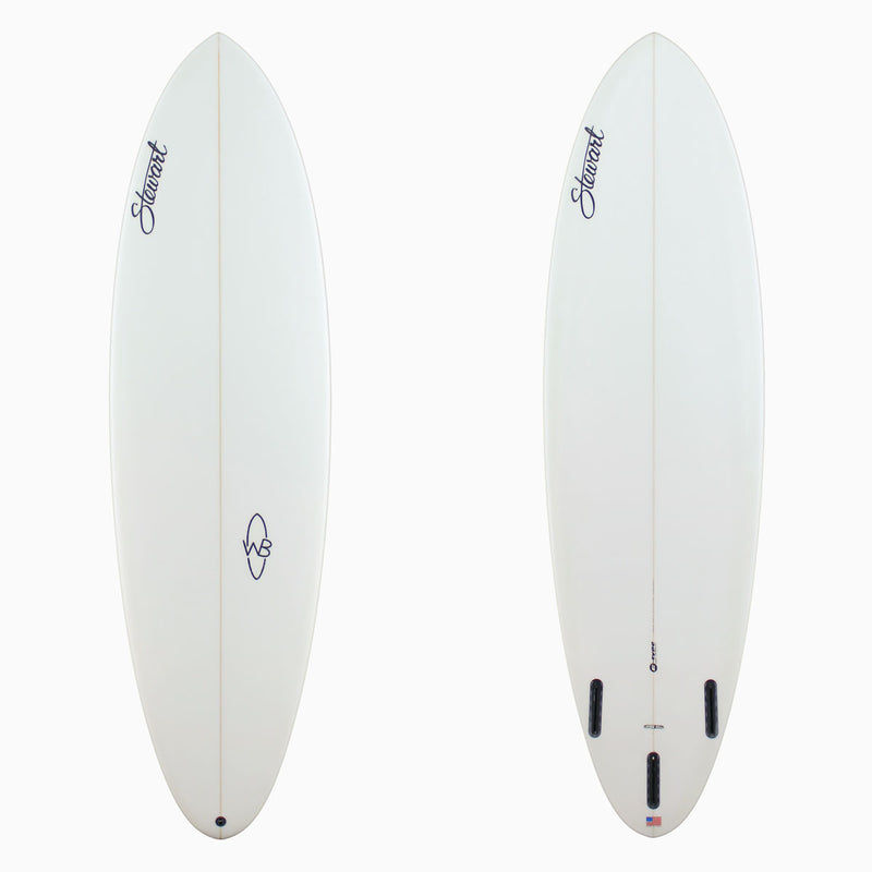 Two white surfboards with branding on a white background